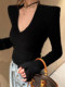 Thickened Brushed V-Neck Long-Sleeve Knit Top for Women, Autumn and Winter, Soft and Slim-Fitting, Stretchy Inner Layer, Slimming Base Shirt