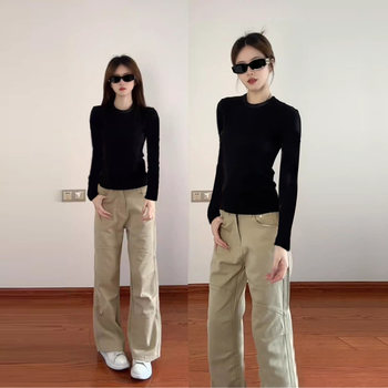 Black Straight-Shoulder Long-Sleeve T-Shirt for Women, Autumn and Winter Basic Style, Versatile, Slim-Fit, Flattering, Inner Layering Top