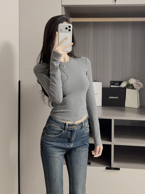 Korean-Style Gray Round-Neck Long-Sleeve Base Shirt T-Shirt for Women, Autumn and Winter Spicy Girl Style, Tight-Fitting, Slimming Base Shirt Top