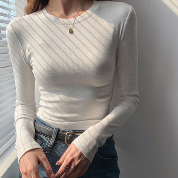 Spring, Autumn, and Winter Ribbed Slim-Fit Long-Sleeve T-Shirt with Regular Shoulders, Brushed Tight-Fitting Base Shirt, Basic Short Top for Women