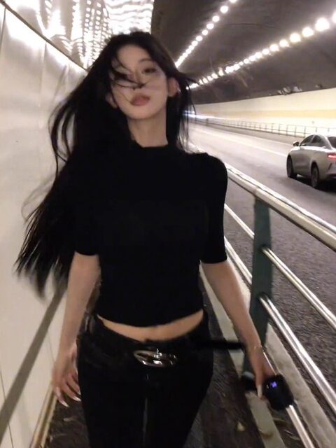 Black Half-High Collar, Regular Shoulder, Mid-Sleeve T-Shirt for Women, New Summer Style, American-Style Spicy Girl Tight-Fitting, Waist-Cinching, Short Base Layer Top