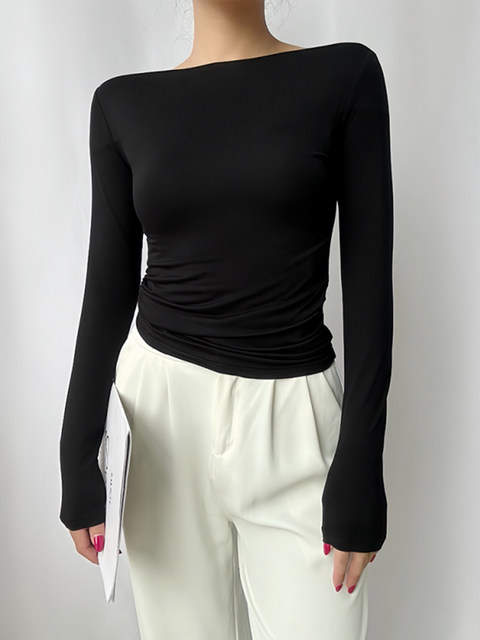 Trendy Off-Shoulder Long-Sleeve Base Shirt T-Shirt for Women, Autumn and Winter Pure Desire Style, American-Style Tight-Fitting Slim-Fit Top