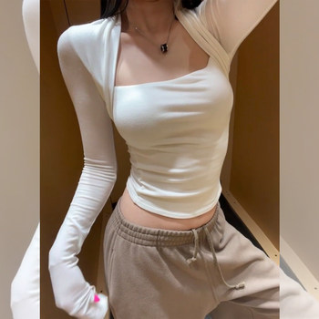American-Style Spicy Girl Square-Neck Long-Sleeve T-Shirt for Women, Autumn and Winter 2025 New Style, Layered Fake Two-Piece Slim-Fit Base Shirt Top