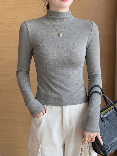 Petite Women's Long-Sleeve Half-Turtleneck Base Layer T-Shirt, Autumn and Winter American Style, Slim-Fit, Flattering Top