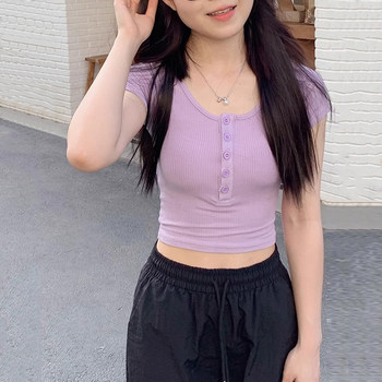 Light Purple Spicy Girl Short-Sleeved U-Neck T-Shirt for Women, Summer 2025 New Style, Unique Button Design, Slimming and Tight-Fitting Short Top