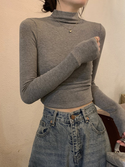 Gray Half-Turtleneck Long-Sleeve T-Shirt for Women, Autumn and Winter American Style, Slim-Fit Short Base Shirt with a High-End Feel, Inner Layer Top