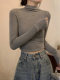 Gray Half-Turtleneck Long-Sleeve T-Shirt for Women, Autumn and Winter American Style, Slim-Fit Short Base Shirt with a High-End Feel, Inner Layer Top