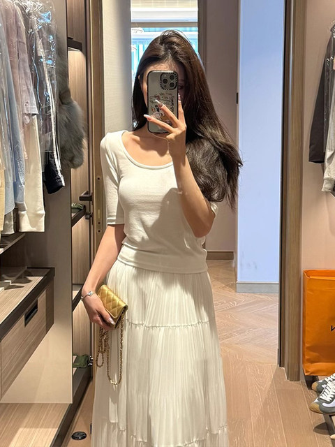 Front and Back U-Neck Sexy Short-Sleeve Base T-Shirt for Women, Spring and Summer Tight-Fitting Mid-Sleeve Pure Desire Slimming Stretchy Light Purple Top