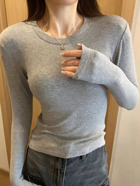 Basic Gray Round-Neck Ribbed Base Shirt T-Shirt for Women, Suitable for Autumn and Winter, Can Be Worn as an Inner Layer or Outerwear, Slim-Fit Long-Sleeve Top