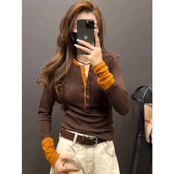 American Retro Color-Block Long-Sleeve Base Shirt for Women, Autumn and Winter Design, Slim Fit, Slimming, Patchwork Fake Two-Piece Top