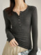 Threaded Button Henry Collar Long-Sleeve Inner T-Shirt for Women, Autumn and Winter American Style Unique Half-Open Collar Slimming Base Shirt Top