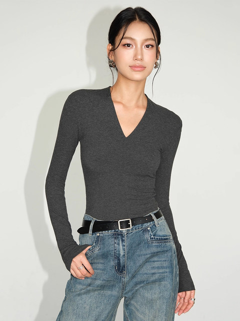 Solid Color V-Neck Long-Sleeve Base Shirt for Women, New Spring and Autumn Style, High-End, Slim-Fitting, Elegant, Versatile T-Shirt Top