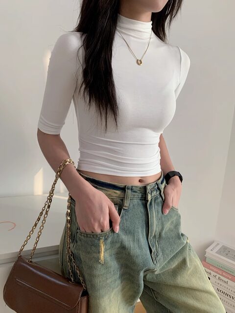 American Style Spicy Girl Half-High Collar Mid-Sleeve Tight-Fitting T-Shirt for Women, Summer 2025 New Slim-Fit Flattering Five-Quarter Sleeve Top