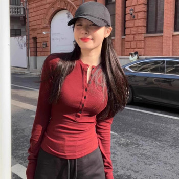 Half-Open Collar Buttoned Long-Sleeve T-Shirt for Women, Early Autumn American Style, Trendy Versatile Slim-Fit Base Layer Top