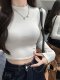 Solid Color Round Neck Long Sleeve T-Shirt for Women, Spring and Autumn American Style, Petite High-Waisted Short Top, Regular Shoulder Fit, Slim Fit Base Shirt