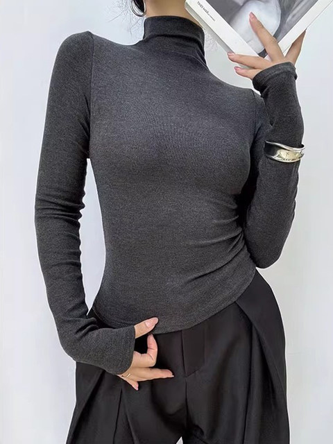 Super Stylish Gray High-Neck Knitted Base Layer for Women, Autumn and Winter Slim-Fit Long-Sleeve Thermal Inner Top