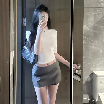 White Half-High Collar Mid-Sleeve T-Shirt for Women, Summer American Style, Tight-Fitting, Waist-Slimming, Regular Shoulder, Short Base Shirt