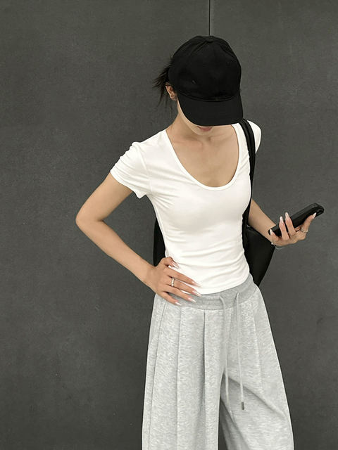 Pure Desire Style U-Neck Short-Sleeve T-Shirt for Women, New Summer Sexy Low-Cut Hot Girl High-Elastic Slim-Fit Basic Versatile Top