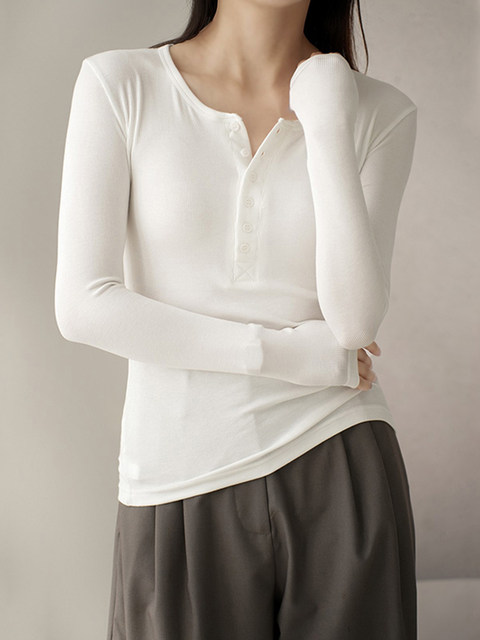 Threaded Button Henry Collar Long-Sleeve Inner T-Shirt for Women, Autumn and Winter American Style Unique Half-Open Collar Slimming Base Shirt Top