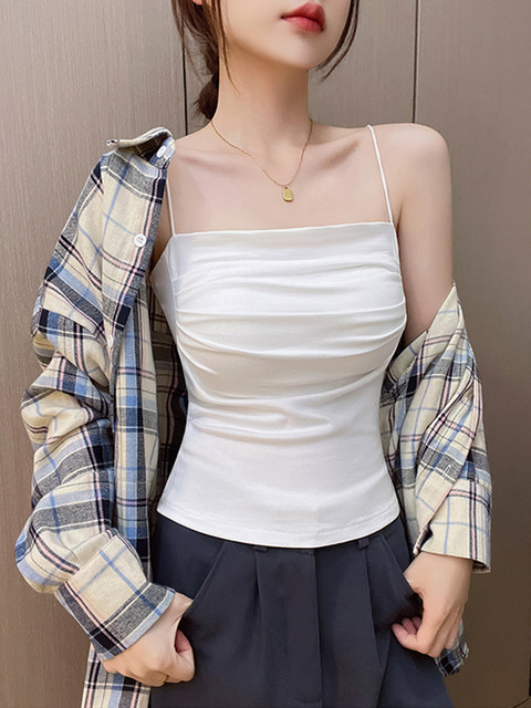 White Square-Neck Camisole for Women, Summer Pure and Sexy Style, Slim Fit, Ruched with Built-In Bra Pads, Sleeveless Top