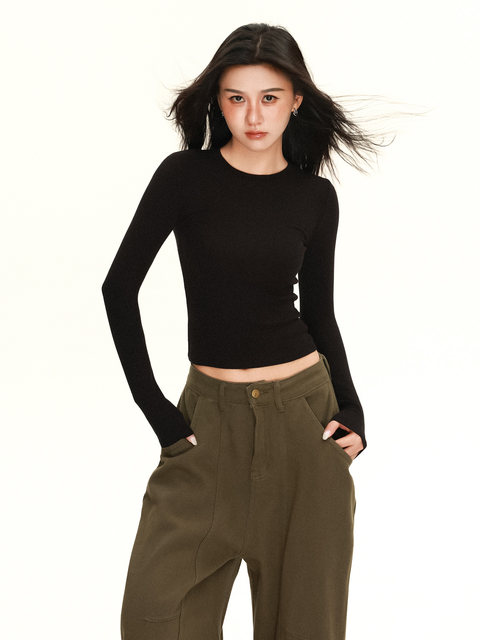 Threaded American-Style Fitted Straight-Shoulder Long-Sleeve T-Shirt for Women, Autumn and Winter Inner Wear, Slim Fit, Versatile, Slimming Base Layer Top