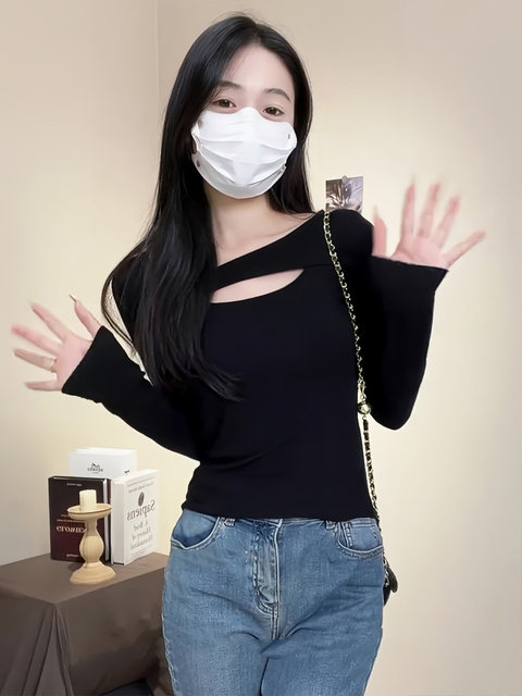 American-Style Spicy Girl Hollow-Out Long-Sleeve T-Shirt for Women, New Spring and Autumn Design, Hollow-Out Slim-Fit Inner Layer Top