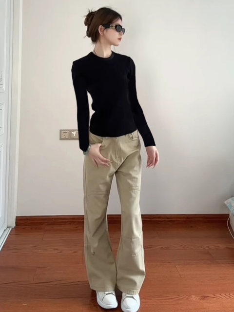 Black Straight-Shoulder Long-Sleeve T-Shirt for Women, Autumn and Winter Basic Style, Versatile, Slim-Fit, Flattering, Inner Layering Top