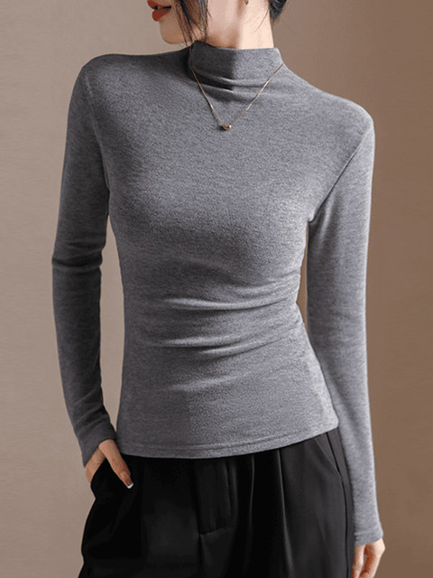 Half-Turtleneck Long-Sleeve Base Layer T-Shirt for Women, Autumn and Winter Thickened Brushed Fabric, Slim Fit, Flattering, Versatile, Simple Inner Wear Top
