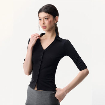 Chic Semi-Sheer V-Neck Mid-Sleeve Shirt for Women, Summer High-End Fashion, Age-Reducing, Stretchy, Slim-Fit, Versatile T-Shirt Top, Trendy