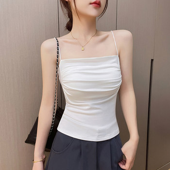 White Square-Neck Camisole for Women, Summer Pure and Sexy Style, Slim Fit, Ruched with Built-In Bra Pads, Sleeveless Top