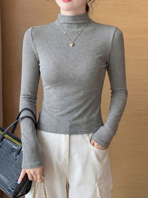 Petite Women's Long-Sleeve Half-Turtleneck Base Layer T-Shirt, Autumn and Winter American Style, Slim-Fit, Flattering Top