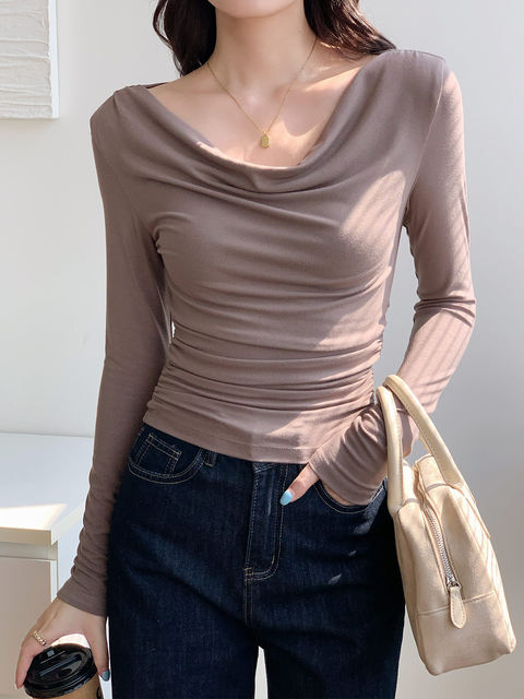 One-Shoulder, Draped Collar, Long-Sleeve T-Shirt for Women, 2025 Autumn/Winter Collection, Unique Design with Pleated Waist, Elegant Off-Shoulder Top