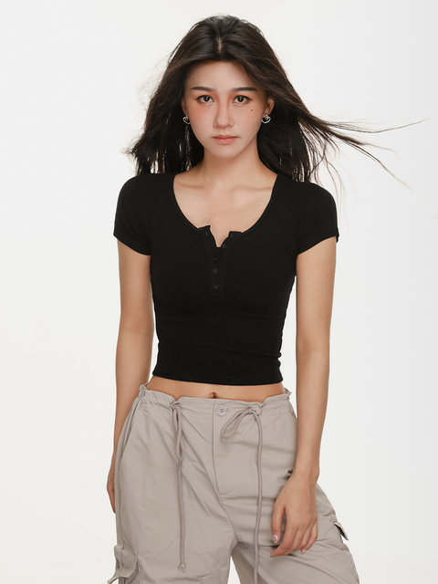 Stylish Short Half-Open Collar Short-Sleeve T-Shirt for Women, Summer Single-Breasted Half-Open Collar Sexy Slim-Fit Tight Top