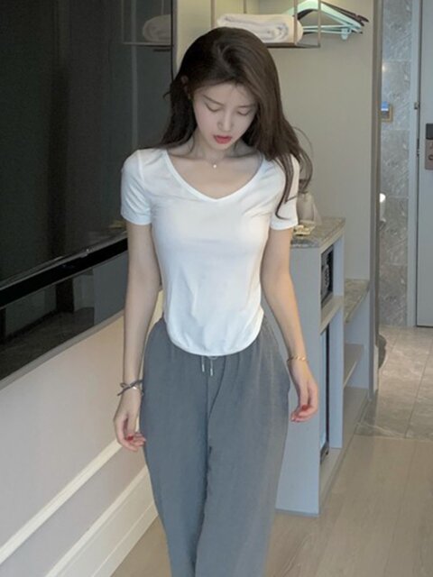 Pure Lust Style Exposed Collarbone Large V Neck Short-Sleeved Right Shoulder T-Shirt for Women Summer Modal Elastic Thin Slim Fit Top