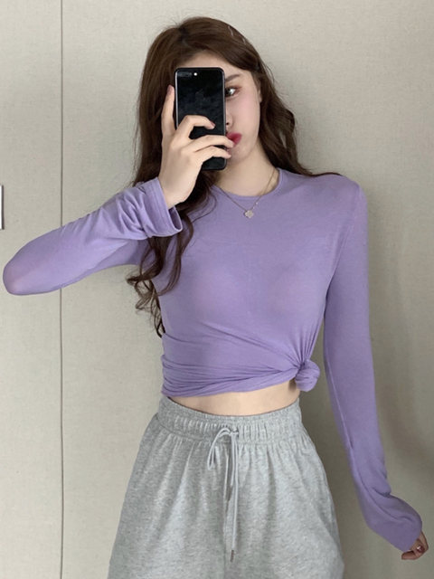 Purple Long-Sleeve Slim-Fit T-Shirt for Women, Autumn/Winter American Style, Flattering T-Shirt Top