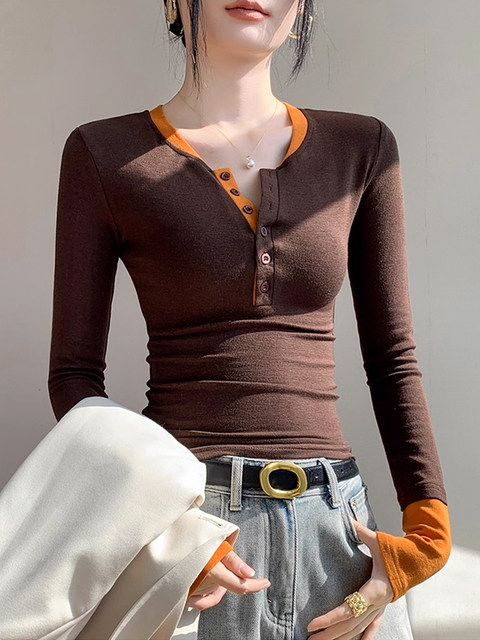 Contrast Color Half-Open Collar Button-Down Base Shirt for Women, New Autumn and Winter American Style Hot Girl High-End Long-Sleeve T-Shirt Top