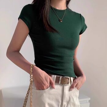 Green Short-Sleeved T-Shirt for Women, 2025 Summer New Style, Tight-Fitting, Figure-Flattering, Slimming, Pure Cotton, Round Neck Top