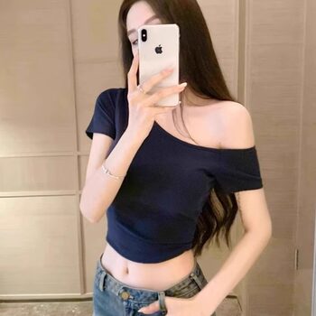 Pure Desire Tea Art Asymmetrical Neck Short Sleeve T-Shirt for Women, Summer Sexy Hot Girl Tight Short Off-Shoulder Navy Blue Top