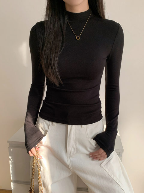 Half-Turtleneck Base Layer Shirt for Women, Suitable for Autumn and Winter, Stylish, Skin-Friendly, Versatile, Elegant, Slim-Fit, Stand-Up Collar, Long-Sleeve T-Shirt Top