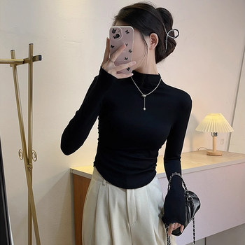 Half-High Collar Pleated Long-Sleeve T-Shirt for Women, New Spring and Autumn Korean Style, U-Shaped Hem, Slim Fit, Short Base Layer Top