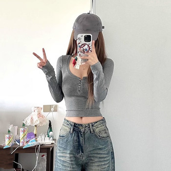 American-Style Spicy Girl U-Neck Long-Sleeve T-Shirt for Women, Autumn and Winter Slim-Fit Design, Short and Slimming Base Layer Top