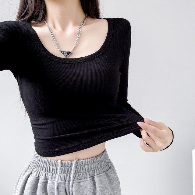 2025 Autumn and Winter Long-Sleeve Tight-Fitting U-Neck Base Shirt in Sky Blue, High-Waisted Short Style, Enhances Bust Appearance, Trendy Inner Wear Top for Women