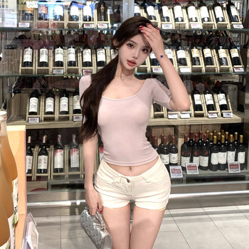 Trendy Design Mid-Sleeve U-Neck T-Shirt for Women, Summer 2025 New Style, Sexy Slim-Fit Base Shirt, Inner Wear, Hot Girl Top