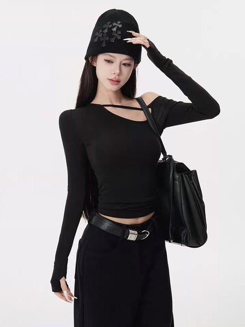 Asymmetrical Off-Shoulder Long-Sleeve T-Shirt for Women, Autumn and Winter American Style, Tight-Fitting, Hollow-Out, Slim-Fit, Off-Shoulder, Elegant Base Top