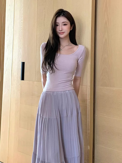 Front and Back U-Neck Sexy Short-Sleeve Base T-Shirt for Women, Spring and Summer Tight-Fitting Mid-Sleeve Pure Desire Slimming Stretchy Light Purple Top