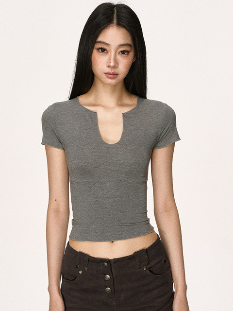 Ruffled V-Neck Short-Sleeve T-Shirt for Women, Summer American Retro Style, Elastic Waist, Slimming High-Waisted Short Top