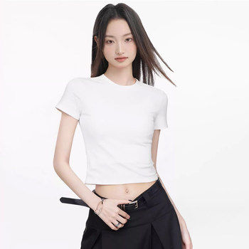 European Style Hot Girl Short Round Neck Short-Sleeve T-Shirt for Women, 2025 Summer Korean Style Regular Shoulder Slim-Fit Base Layer New Short Top