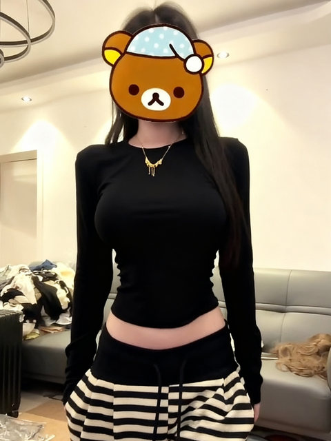 Pure Desire Hot Girl Style Long Sleeve T-Shirt for Women, Autumn and Winter Slim Fit Base Layer, Waist-Cinching Slimming Short Top