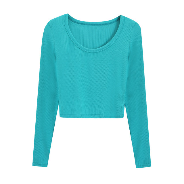 2025 Autumn and Winter Long-Sleeve Tight-Fitting U-Neck Base Shirt in Sky Blue, High-Waisted Short Style, Enhances Bust Appearance, Trendy Inner Wear Top for Women
