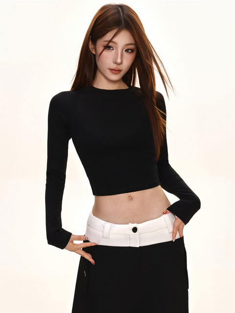 Pure Desire Hot Girl Round Neck Long Sleeve T-Shirt for Women, Early Autumn Korean Style, Waist-Cinching, Slimming, Inner Layering Top, Cropped Top